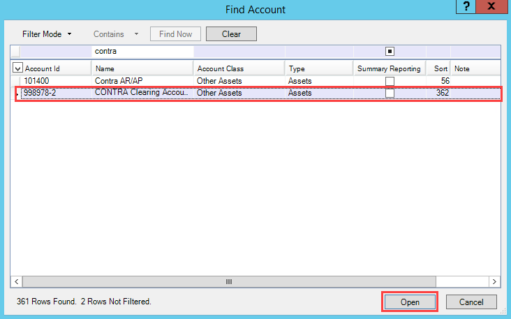 Find Account window; shows the selected CONTRA account and the location of the Open button.