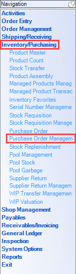 Enterpise Navigation menu; shows the location of Inventory/Purchasing and Purchase Order Management.