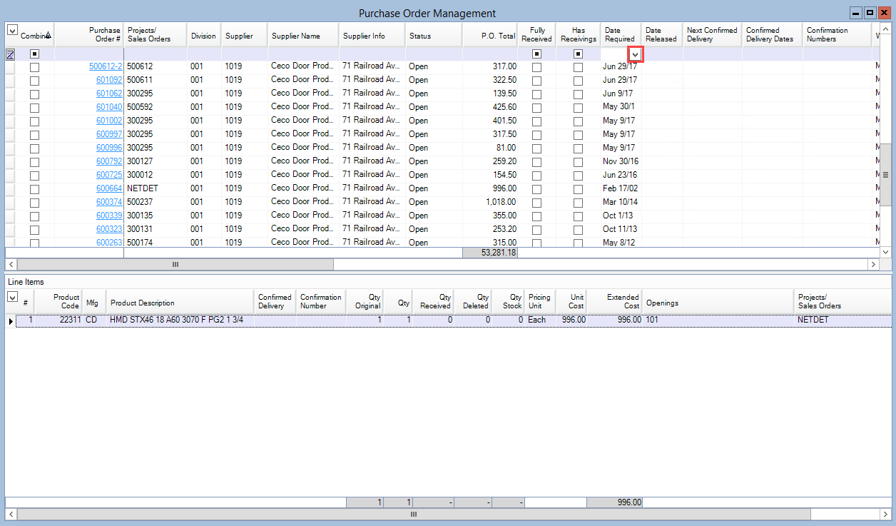 Purchase Order Management window; shows the location of a filter field's down arrow.