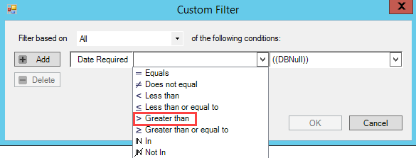 Custom Filter window; shows the drop-down list of filter conditions.