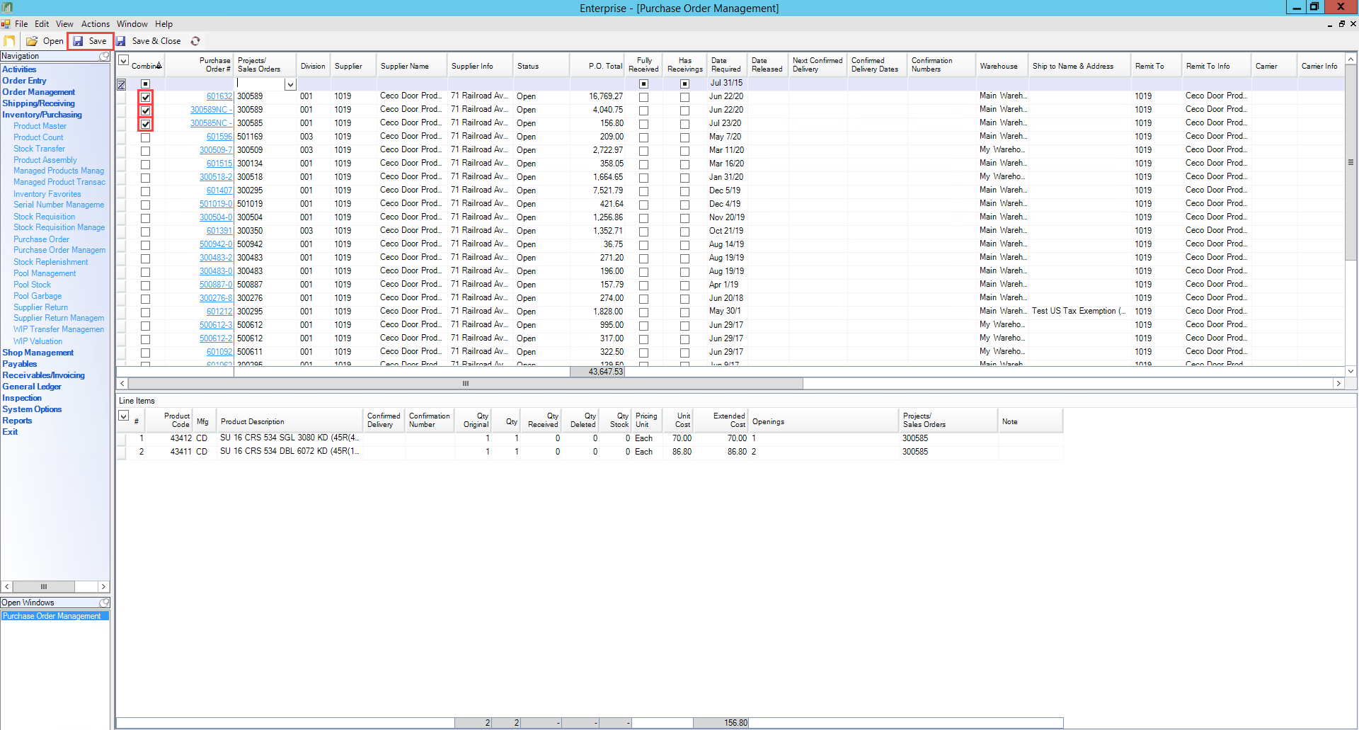 Purchase Order Management window; shows the location of the Combine checkboxes and the Save button.