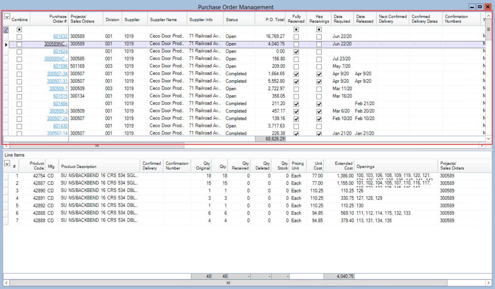 Purchase Order Management window; shows the location of the top pane.