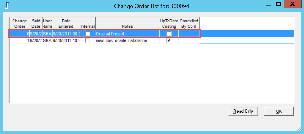 Change Order List window; shows the selected line item that does not have up to date costing.