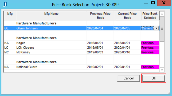 Price Book Selection widnow; shows the location of the OK button.