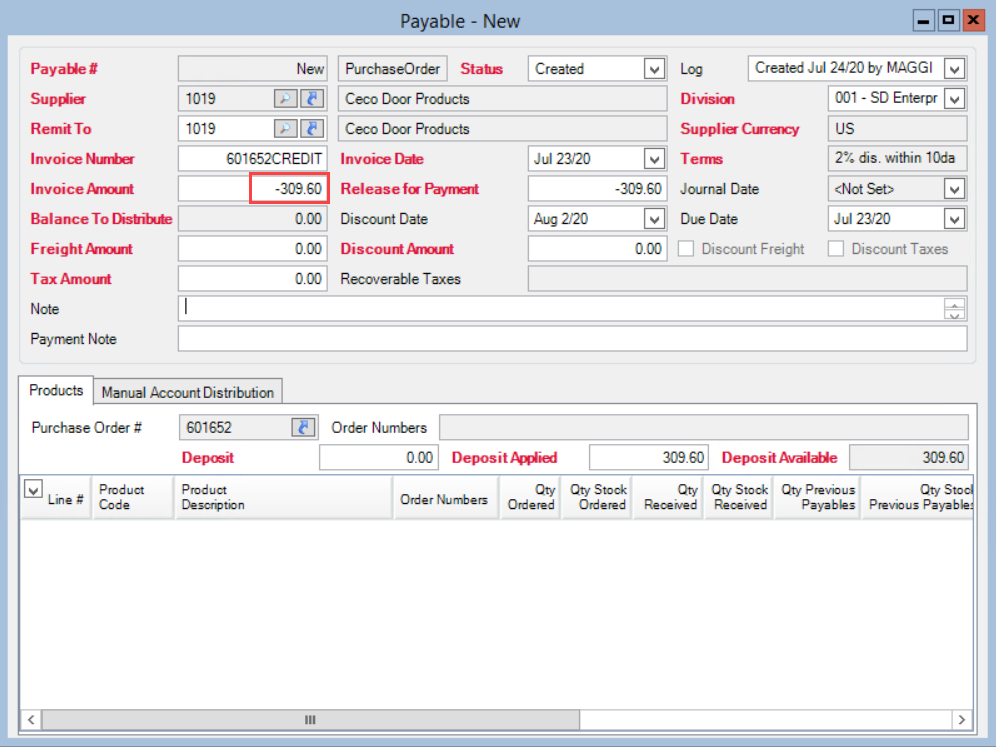 Payable window; shows the invoice amount as a negative value.