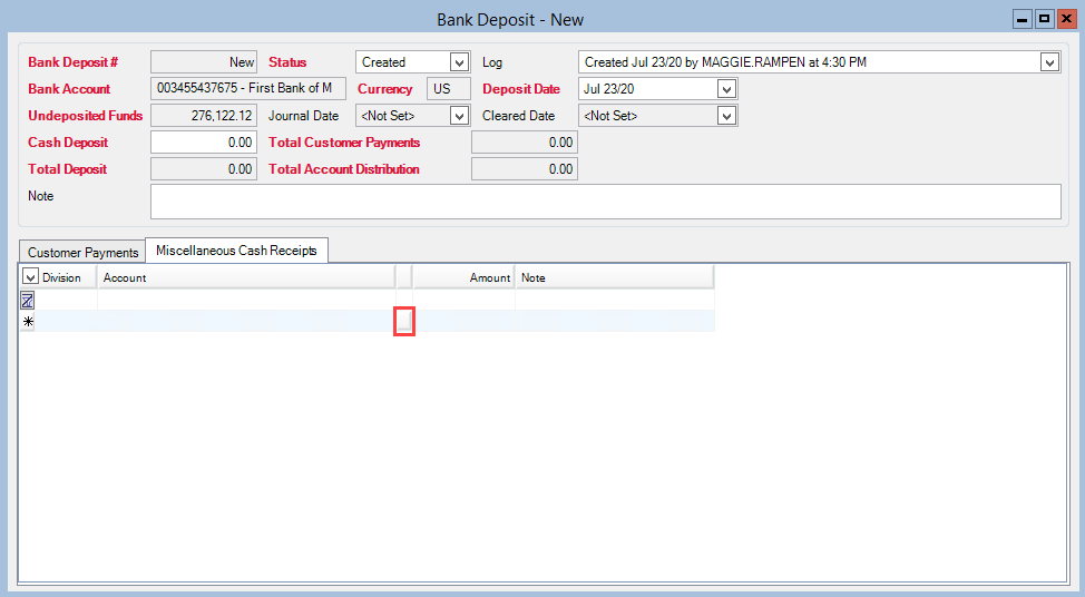 Bank Deposit window; shows the Find Account button in the Miscellaneous Cash Receipts tab.
