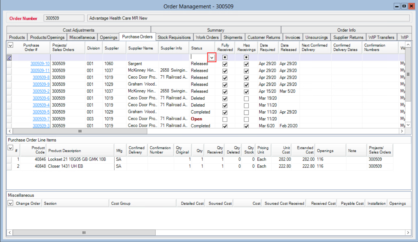 Order Management window; shows the down arrow in the Status filter field.