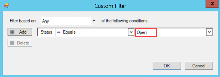 Custom Filter window; shows a the Open status in the value field.