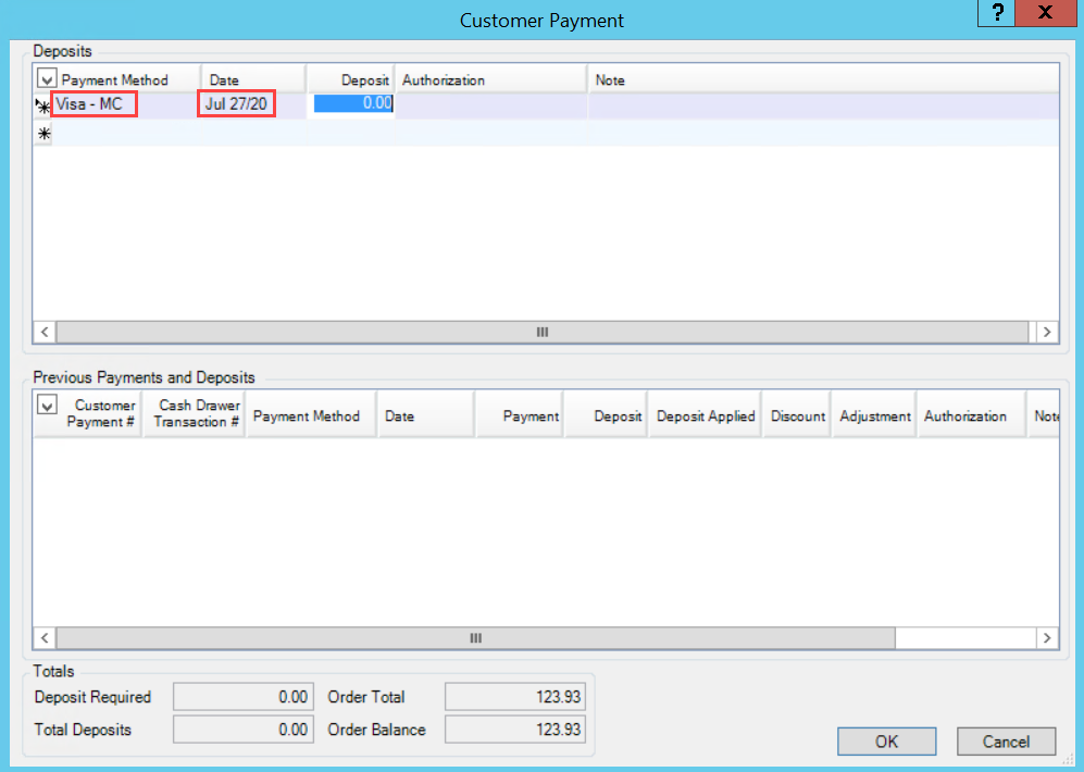 Customer Payment window; shows the selected payment method and payment date.