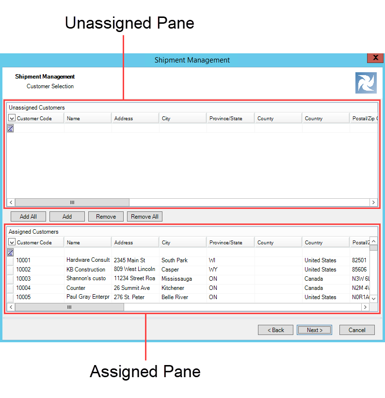 Shipment Management wizard; shows the top pane is the Unassigned pane and the bottom pane is the Assigned pane.