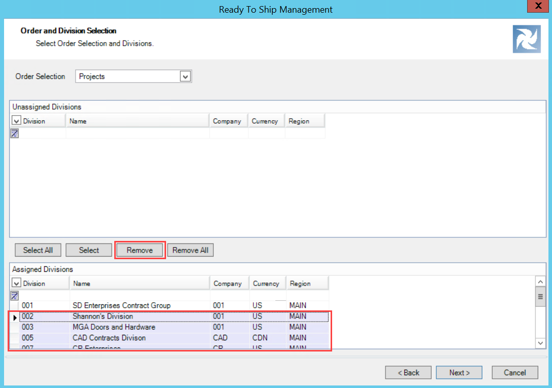 Ready To Ship Management wizard; shows multiple selected line items and the location of the Remove button.