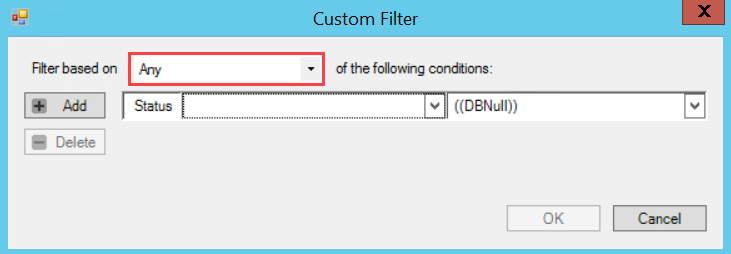 Custom Filter window; shows Filter based on Any example.
