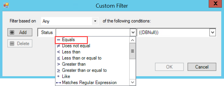 Custom Filter window; shows the Parameter field drop-down list.