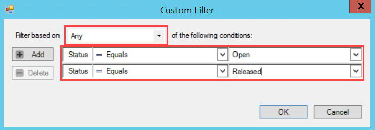 Custom Filter window; shows the custom filter for all Open and Released statuses.