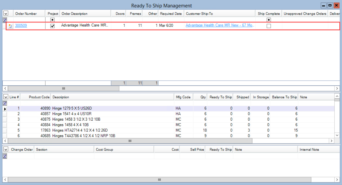 Ready To Ship Management window; shows a selected project in the top pane.