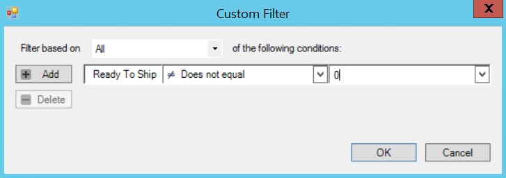 Custom Filter Window; shows an example of a custom filter to view all line items with ready to ship items.