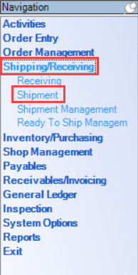 Enterprise Navigation menu; shows the location of Shipping/Receiving and Shipment.