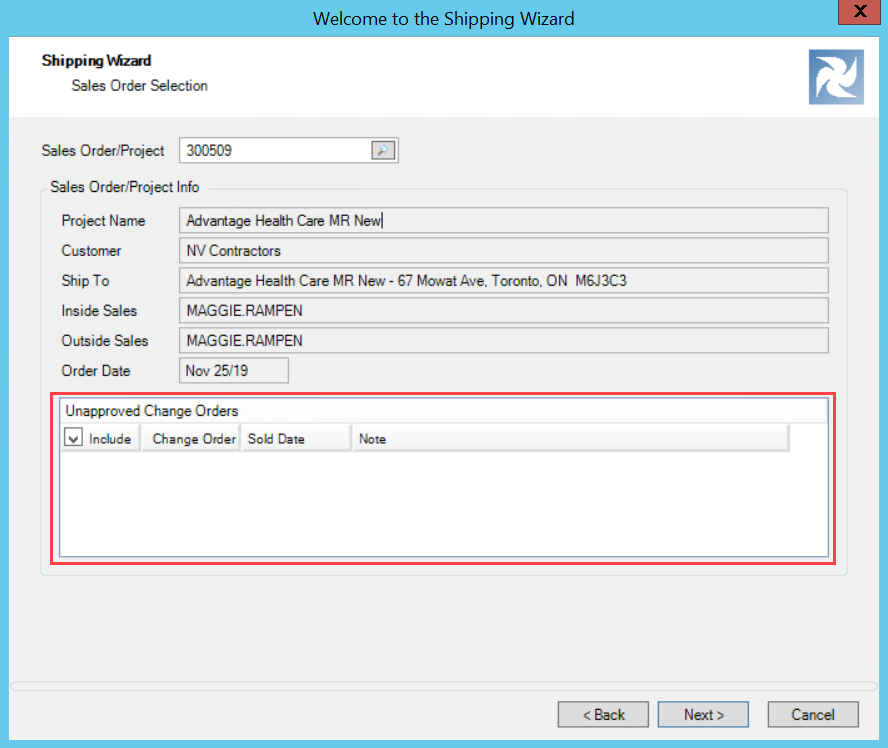 Shipment wizard, Sales Order Selection page; shows the location of the Unapproved Change Orders pane.