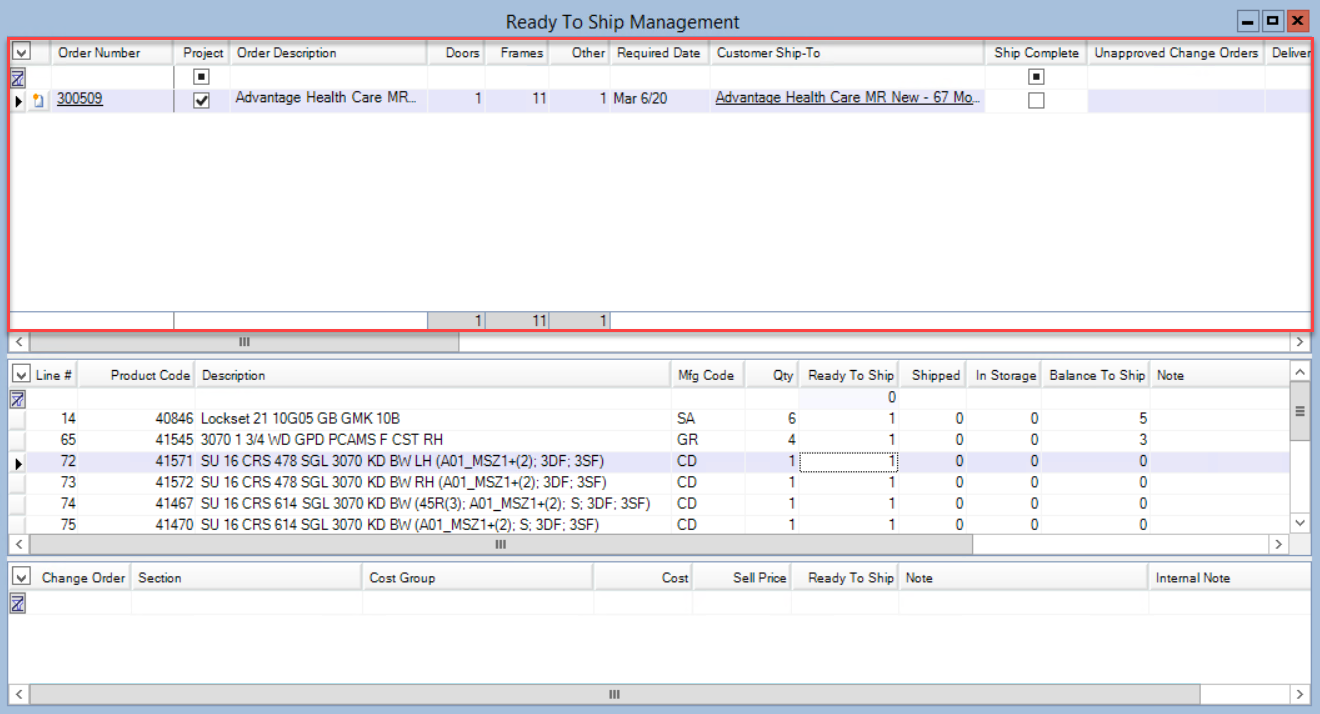 Ready To Ship Management window; shows the location of the Sales Order/Project Pane.