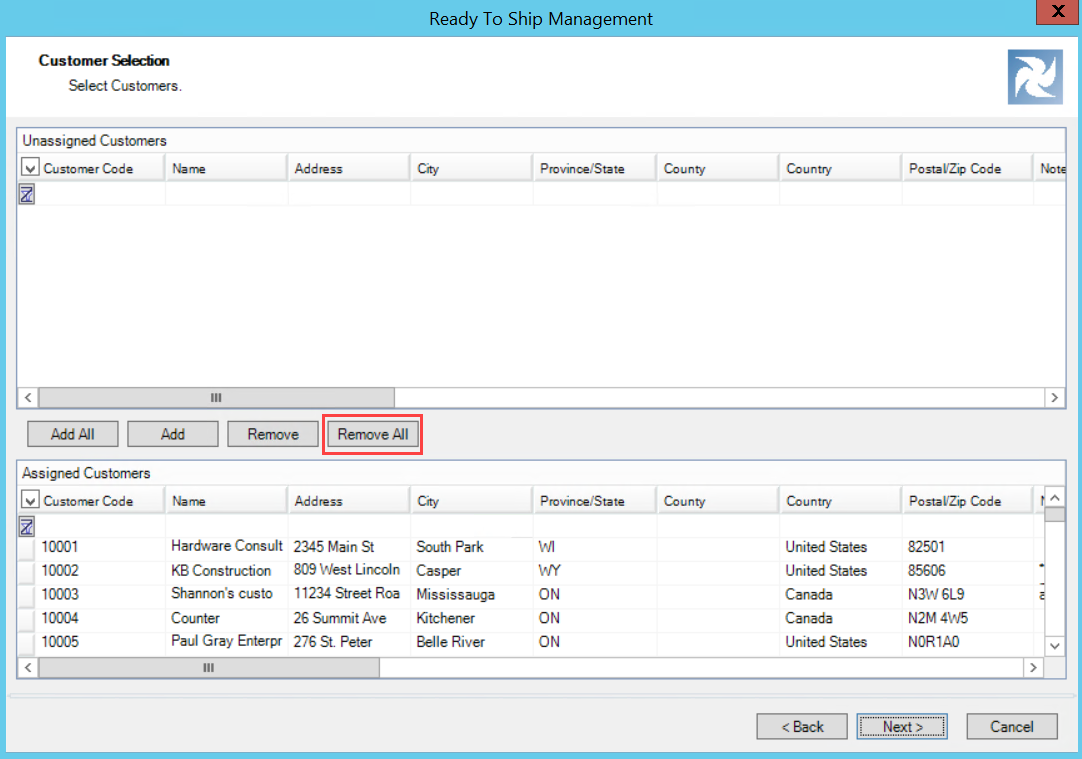 Ready To Ship Management wizard; shows the location of the Remove All button.
