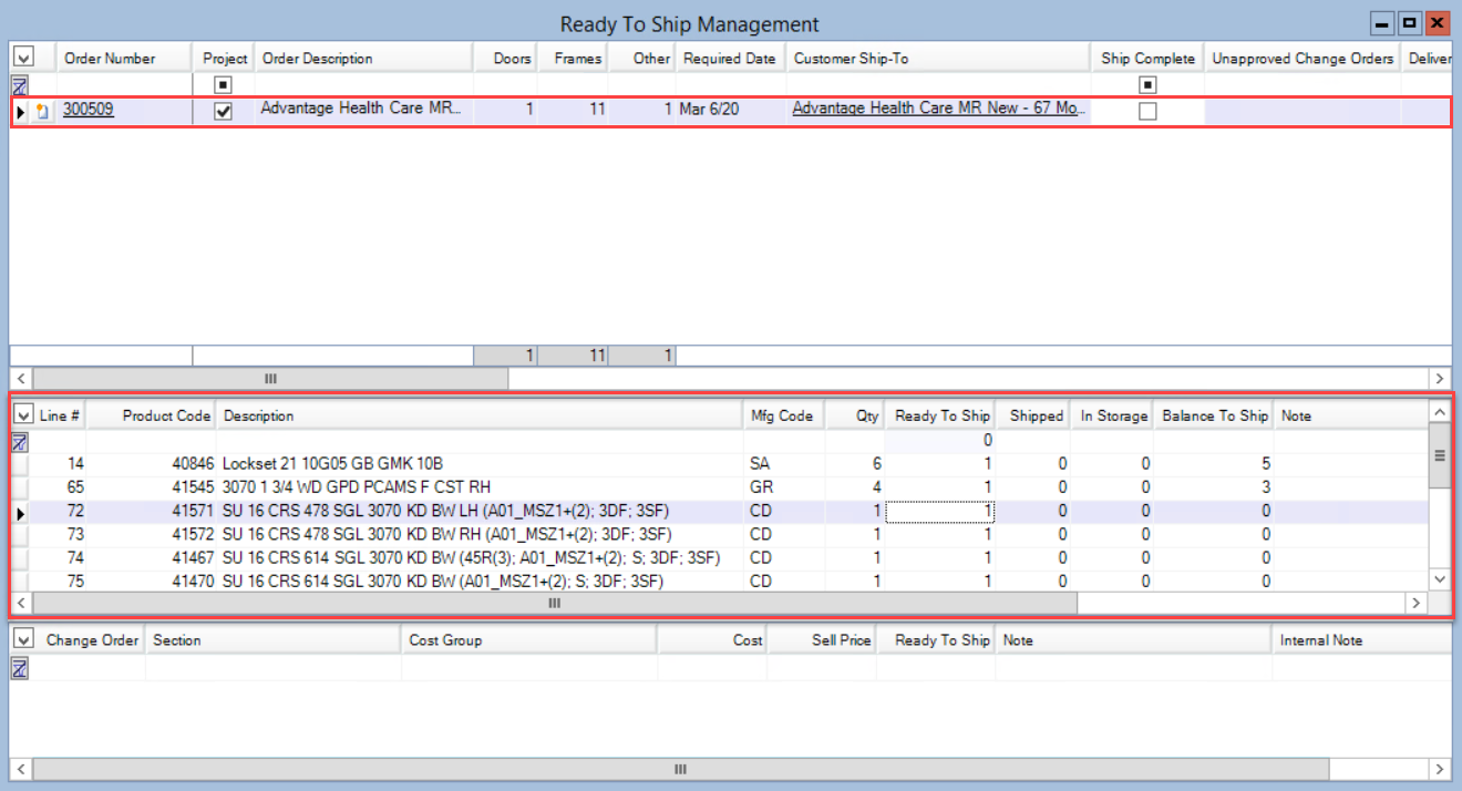 Ready To Ship Management window; shows the location of the Product pane and the associated Project selected in the Sales Order pane.