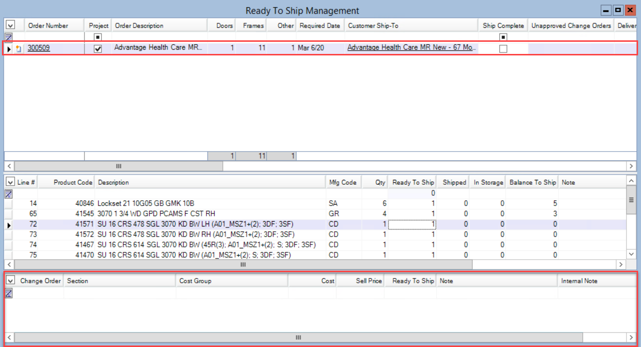 Ready To Ship Management window; shows the location of the Change Order pange and the associated Project.