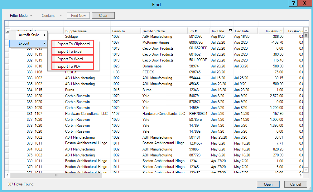 Find window; shows the Export menu and export options.