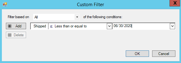 Custom Filter window; shows an example of a customer filter for shipped date.