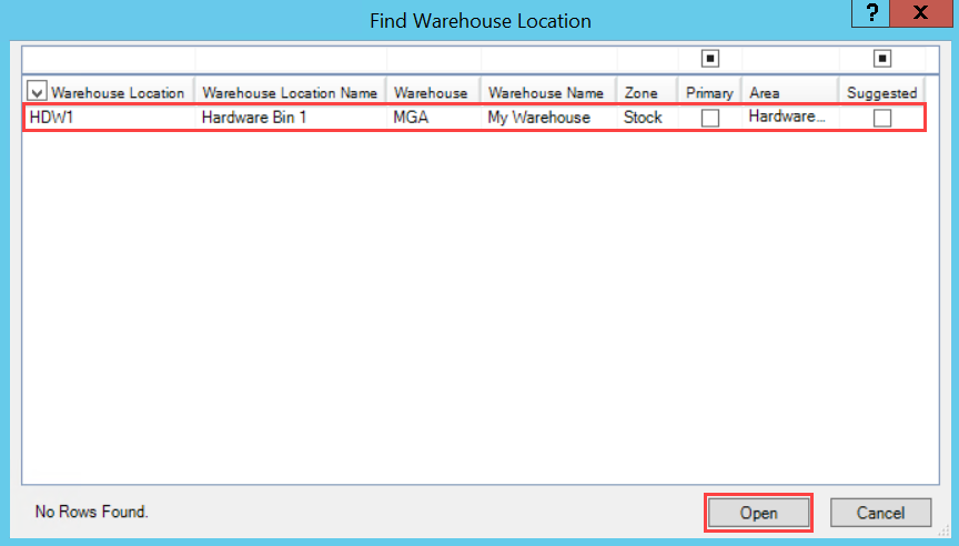 Find Warehouse Location window; shows a selected Ship From warehouse location.