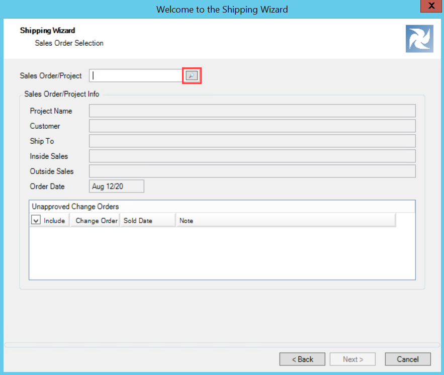 Shipment wizard, Sales Order Selection page; shows the location of the magnifying glass icon.