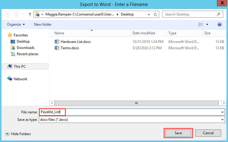 File Explorer window; shows an example file name and hte location of the Save button.