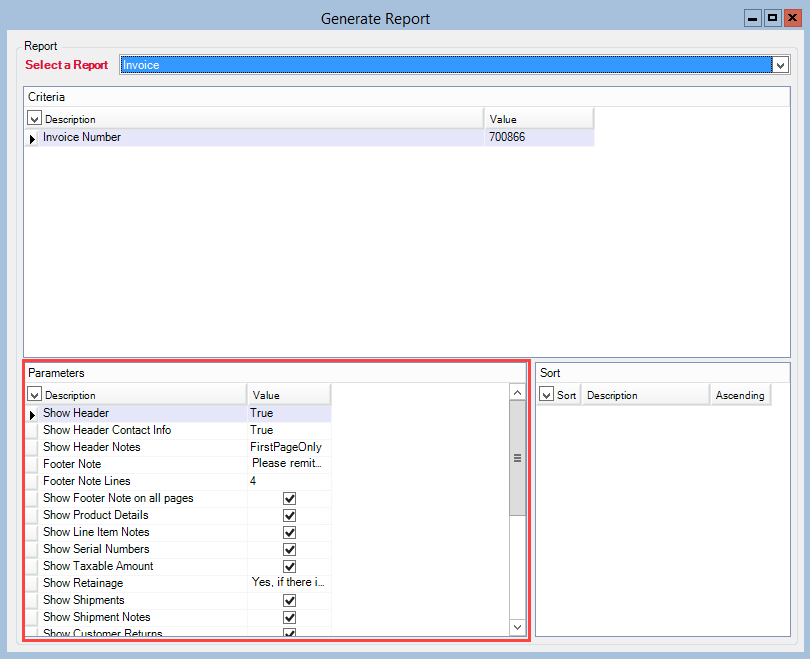 Generate Report window; shows the location of the Parameters pane.