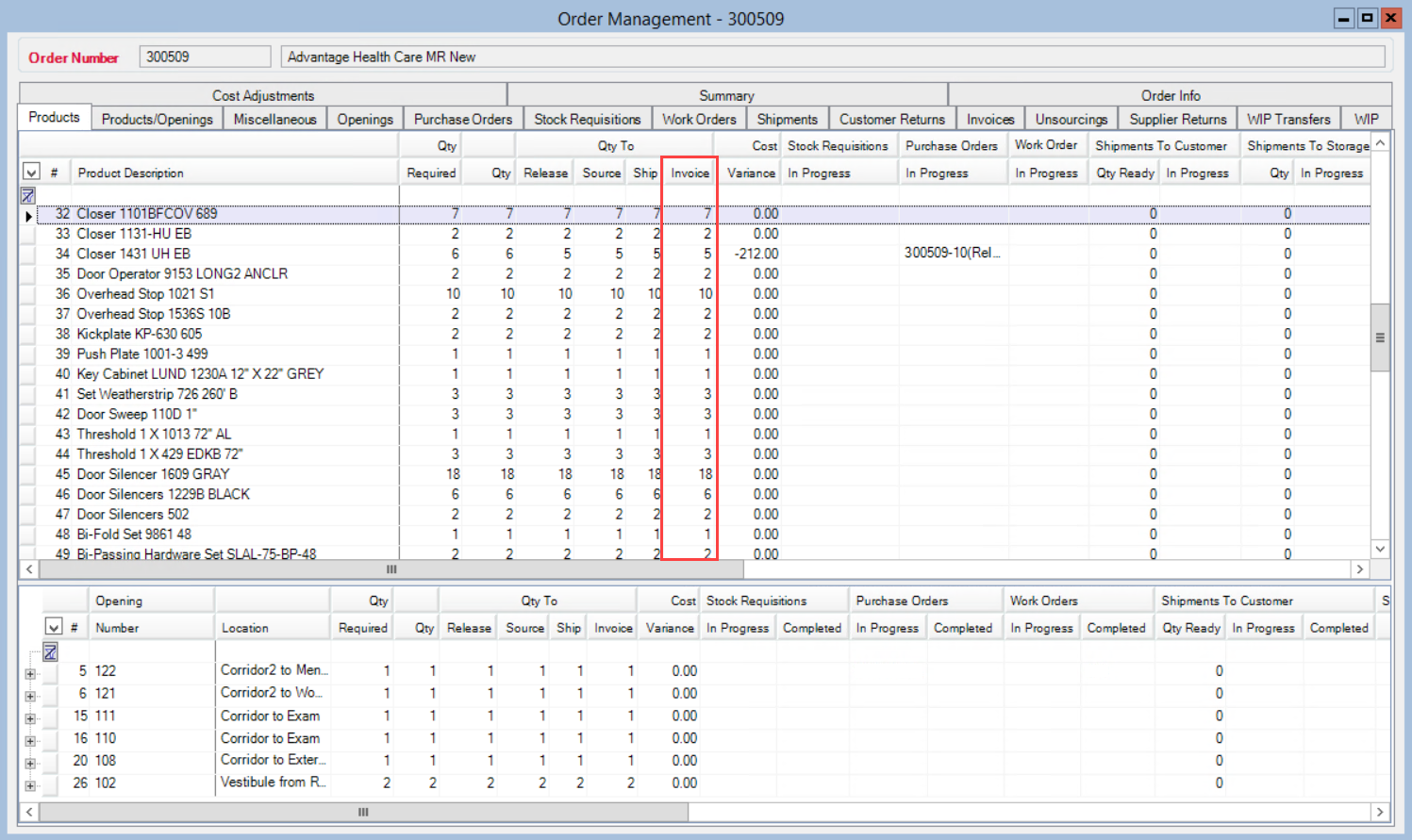 Order Management window; shows the Quantity to Invoice column in the Products tab.
