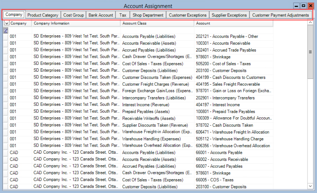 Account Assignment window; shows the tabs that are the rollup groups.