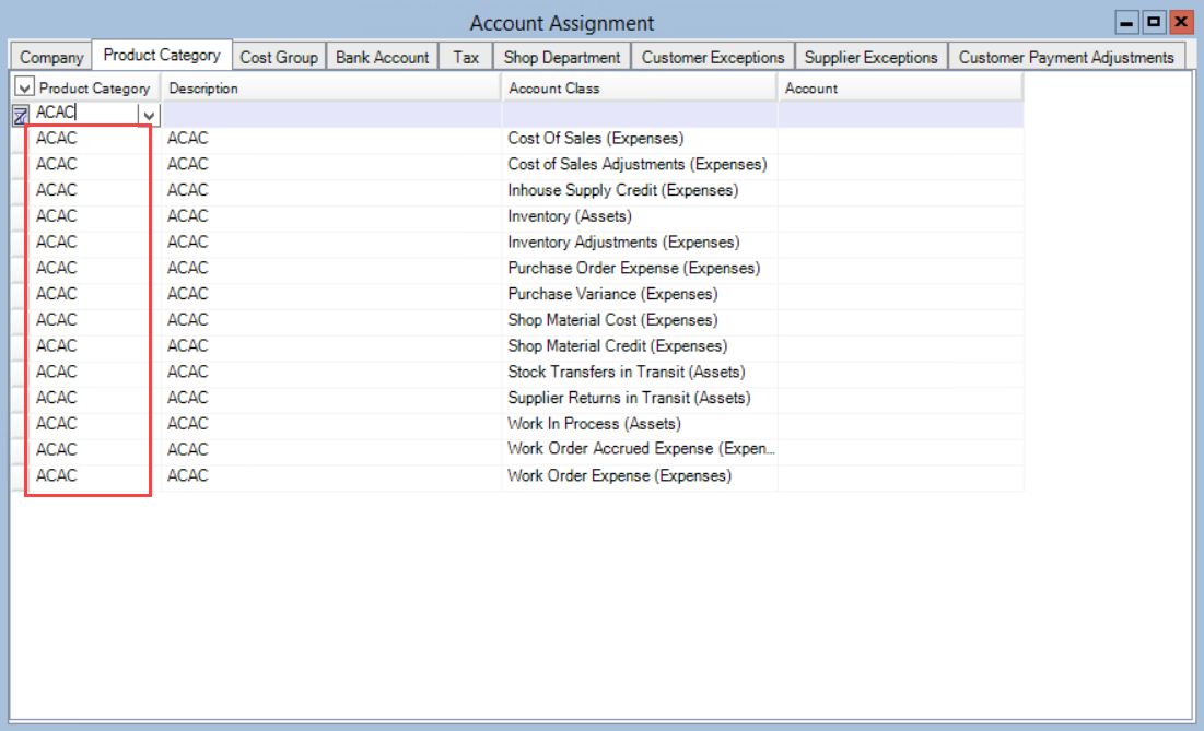Account Assignment window; shows the column with the parent values.