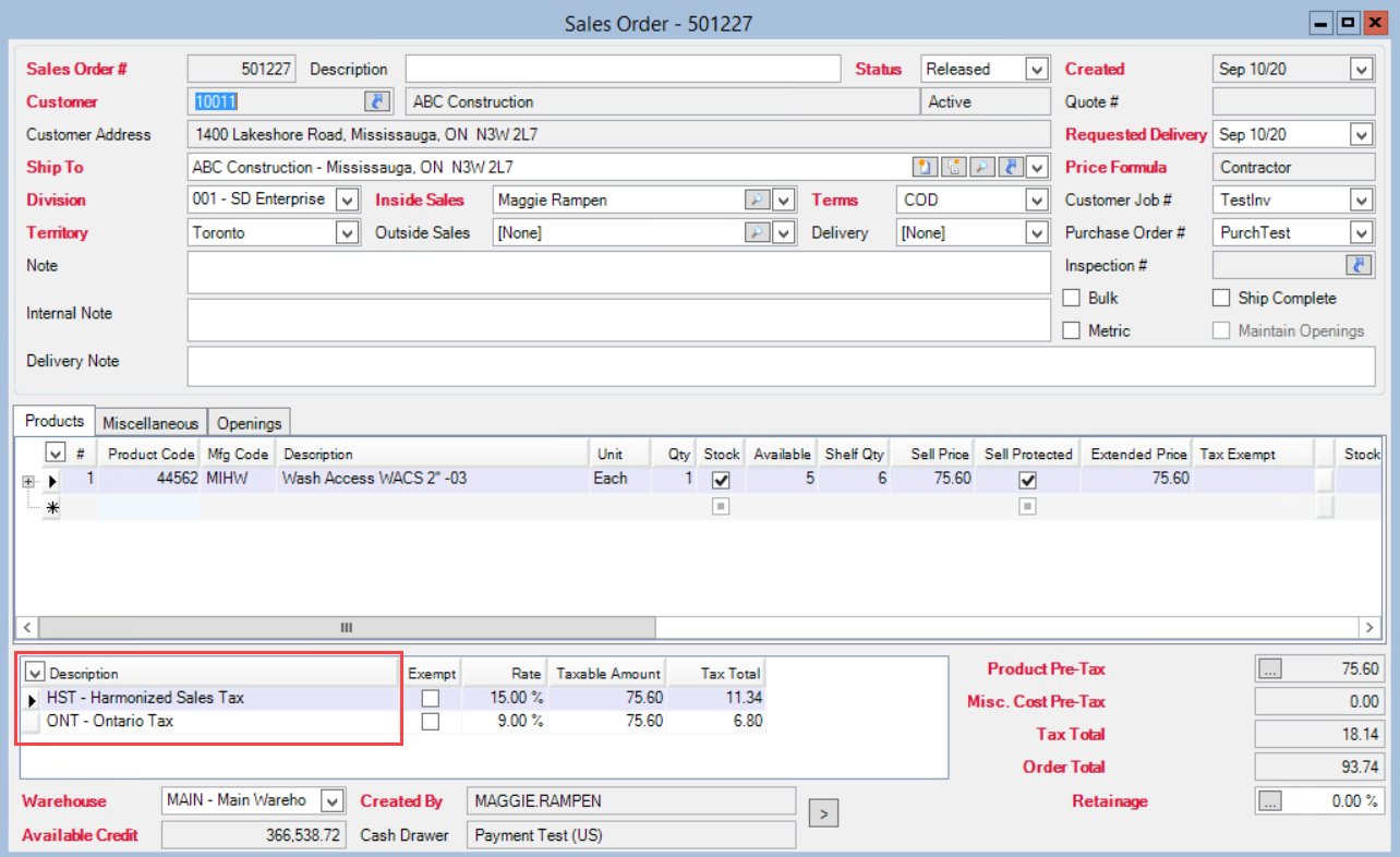 Sales Order window; shows the location of the Tax pane.