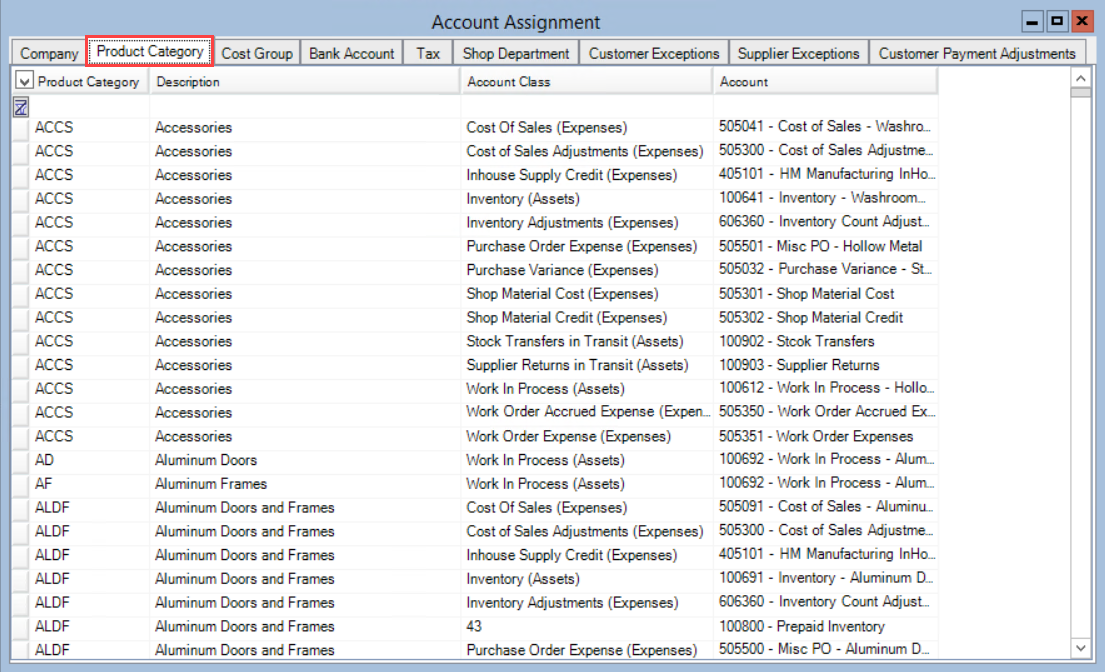 Account Assignment window; shows the location of the Product Category tab.