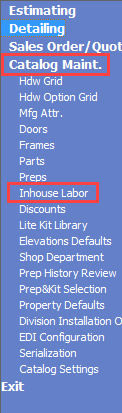 Advantage Navigation menu; shows the location of Catalog Maint. and Inhouse Labor.