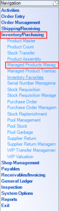 Enterprise Navigation menu; shows the location of Inventory/Purchasing and Managed Product Management.