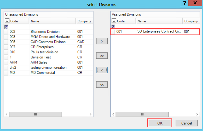 Select Divisions window; shows one division selected and the location of the OK button.