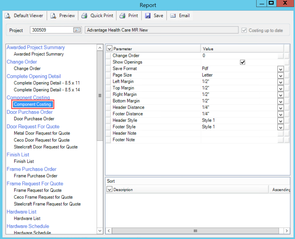 Report window; shows the location of the Component Costing report.