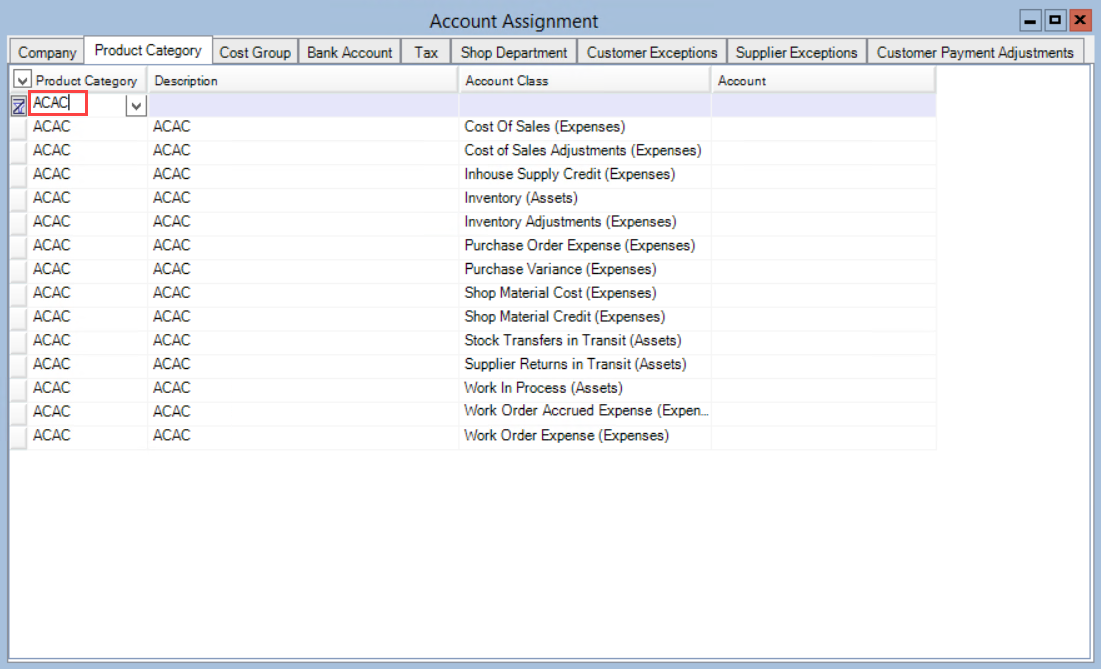 Account Assignment window; shows a filtered product category.
