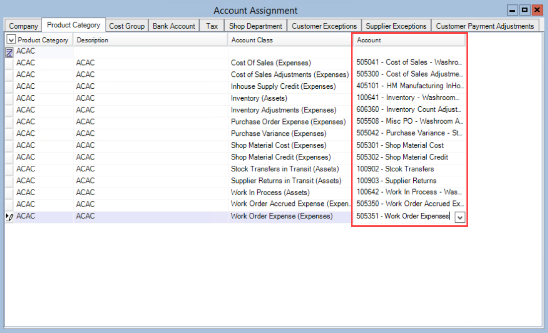 Account Assignment window; shows all accounts assigned for the product category.