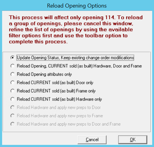 Reload Opening Options window.