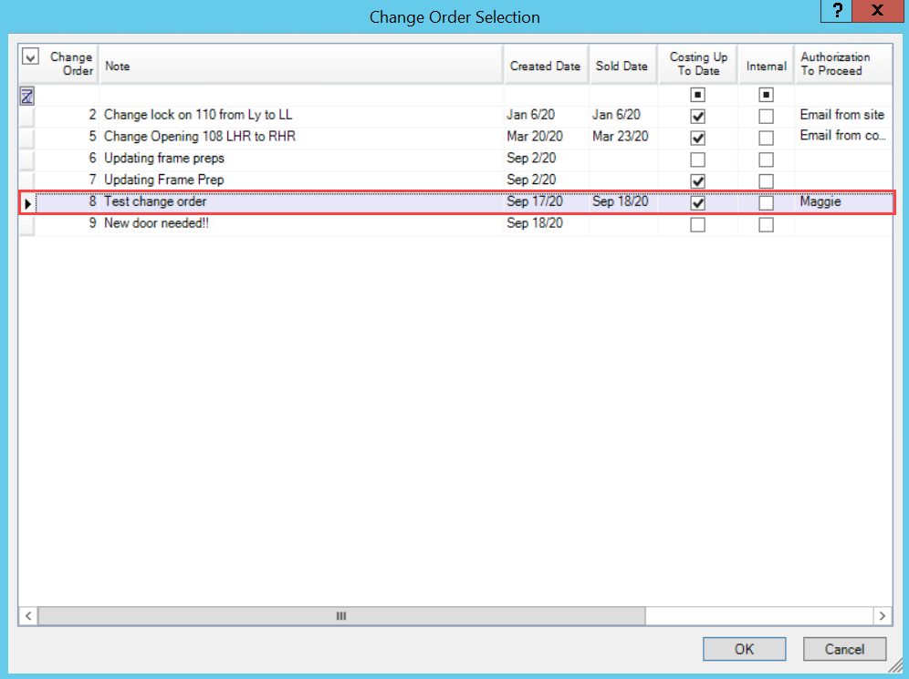 Select Change Order window; shows a selected change order.