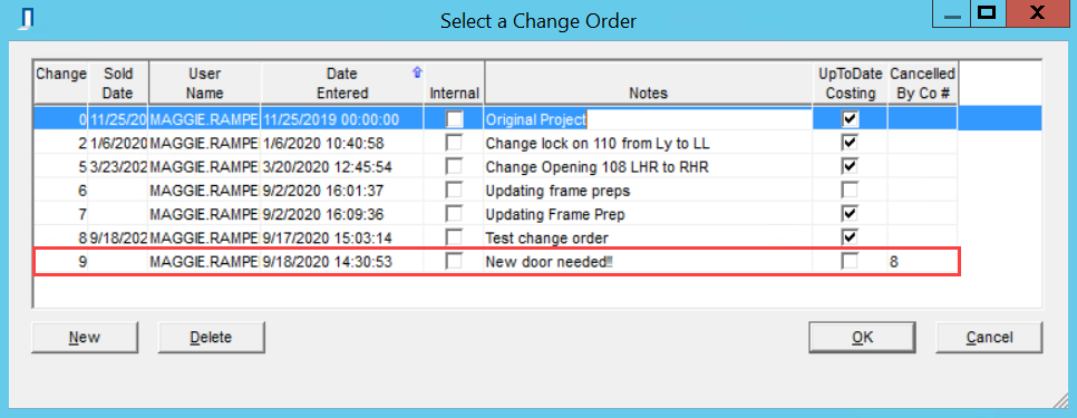 Select Change Order window; shows the canceled change order is selected.