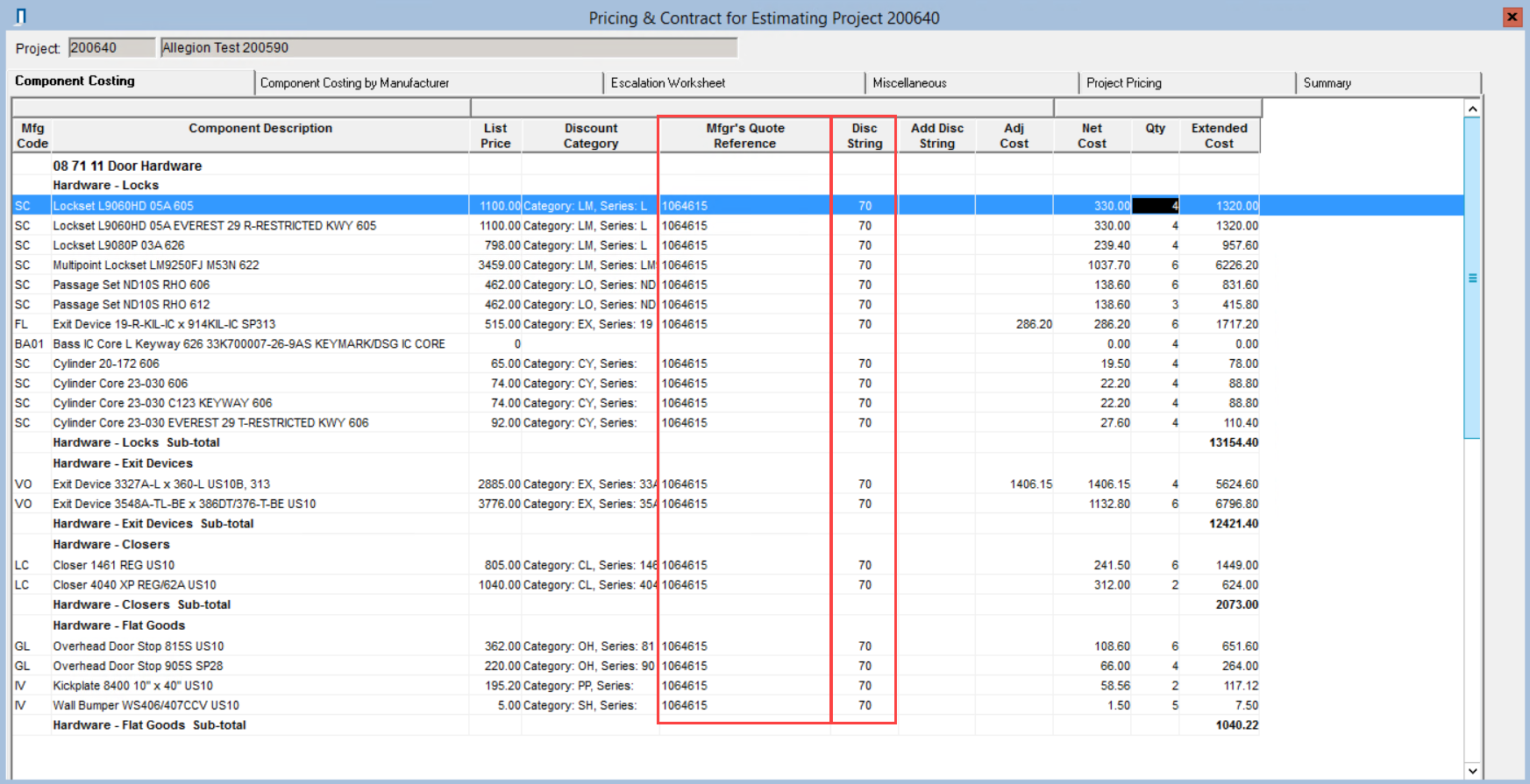 Pricing window; shows the new Manufacturers Quote Reference column and the Discount String column.