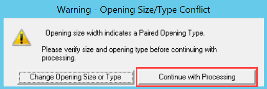 Opening Size/Type Dialog Box; shows the location of Continue with Procesing button.