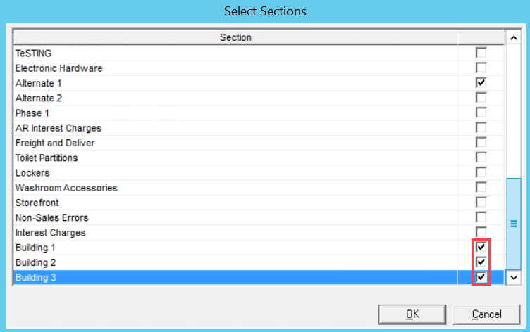 Select Sections window; shows the new project sections selected.