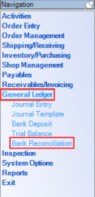 Enterprise Navigation menu; shows the location of General Ledger and Bank Reconciliation.